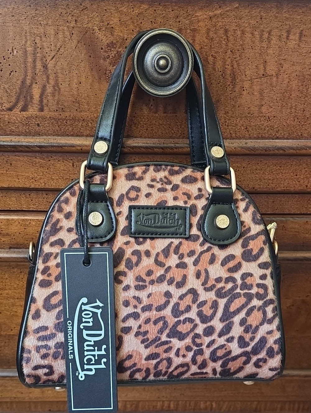 Von Dutch Leopard Print Mini Satchel in Brown and Black